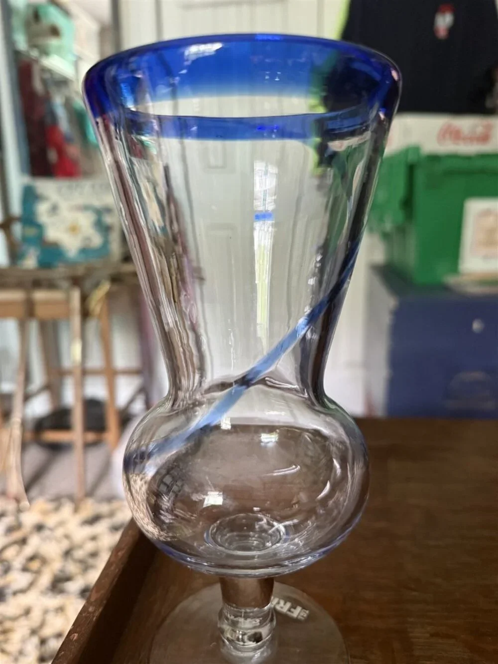 Tgif Fridays Hand-Blown Hurricane Daiquiri Glass Blue Trim